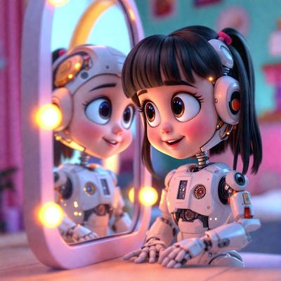 The primary subject of the image is a robotic doll, which is sitting in front of a mirror. The setting is a room with a pink background, and the visual style appears to be a combination of digital art and illustration. The colors in the image are predominantly pink, which gives the scene a warm and inviting atmosphere.
